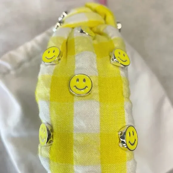 Living Fully Headband Yellow Gingham Knotted Allover Smiley Face w/ Dust Bag OS - Picture 3 of 11